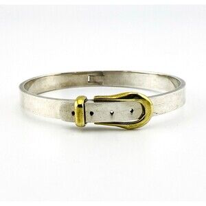 Mixed Metal Taxco Mexico Sterling Silver Hinged Bangle Cuff with Brass Buckle